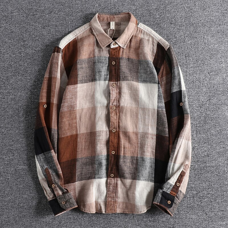 lin européen et américain grand Plaid jeunesse chemise ins polyvalent à manches longues décontracté homme haut 0599: coffee / XXXL