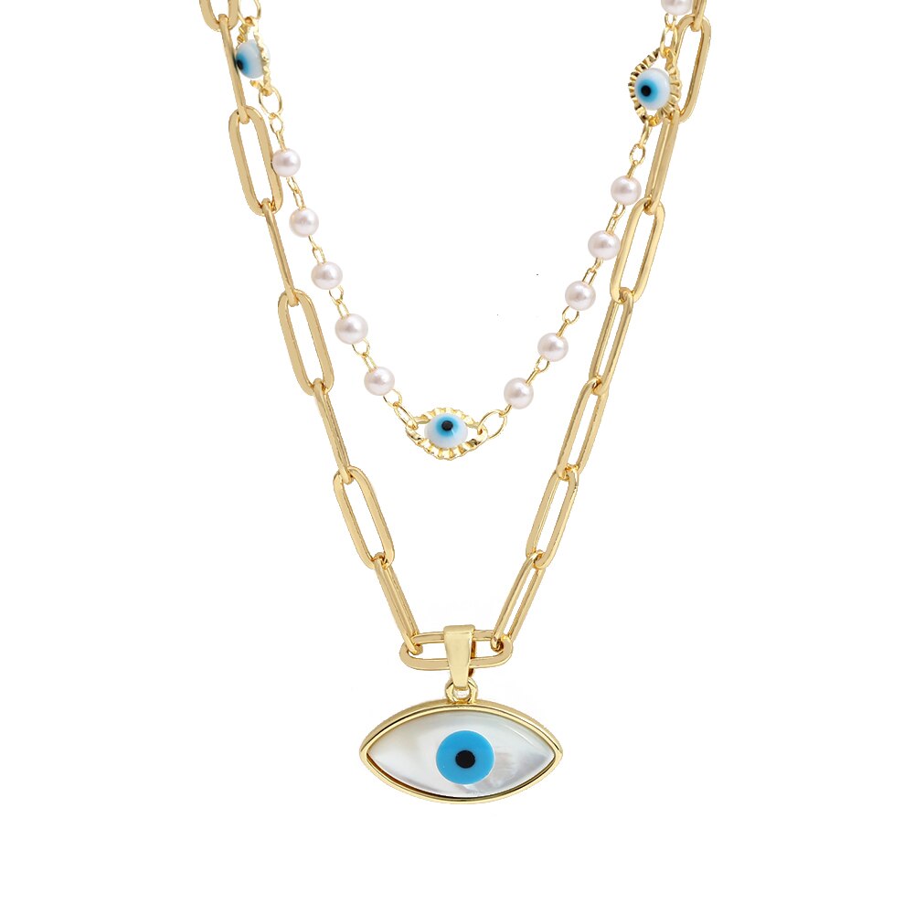 EVIL EYE Double Layer Blue Evil Eye Round Pendant Necklace collana a maglie in rame collana gioielli di moda per donna ragazza uomo BE615: 1