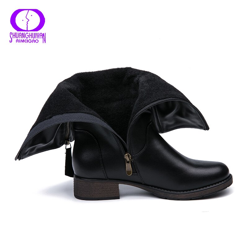 Aimeigao winter geplooide hoge laarzen dames warme halfhoge pu sneeuwschoenen dames korte pluche ronde neus rits laarzen dames zwart
