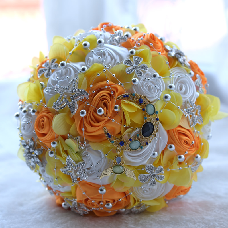 Kyunovia charmant Mond Sterne Brosche Strauß Satinband Braut Hochzeitsstrauß Brautstrauß Perlen Burgund Rosen Hochzeit Strauß FE43