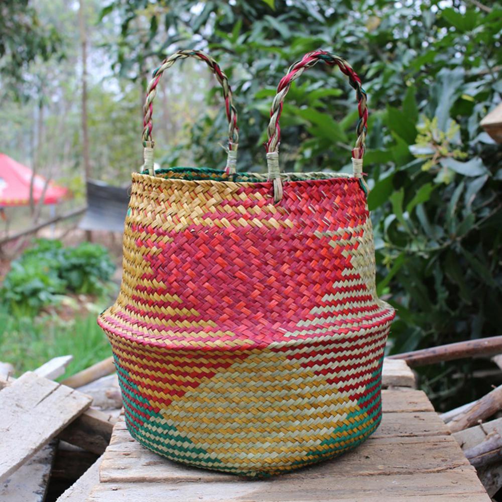 Kleurrijke buik stro opbergmand rotan hangende bloempot vuile kleren opbergmand rotan mand zeegras bloempot: M / Rood