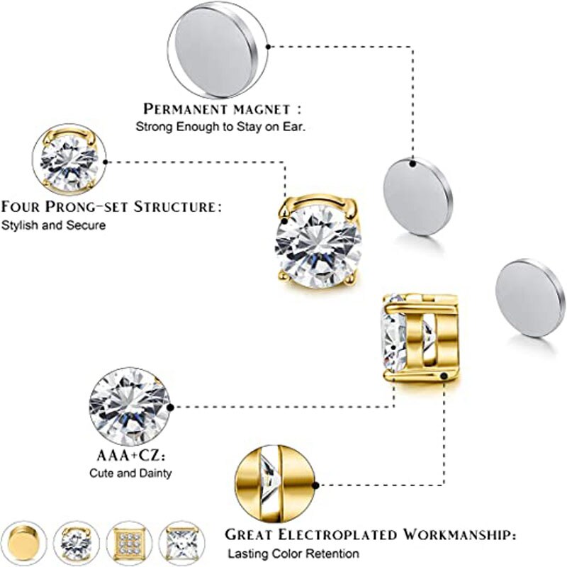 4 Pairs Van Rvs Magnetische Oorbellen Voor Mannen En Vrouwen Gold Cz Niet-Geperforeerde Clip Oorbellen Set 8mm