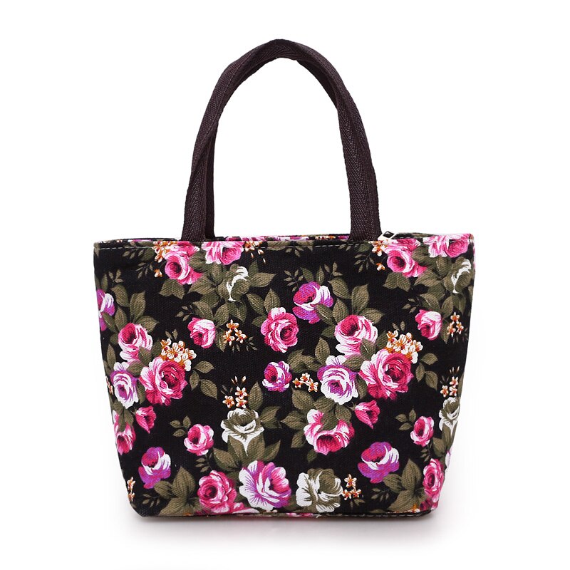 Mode Vrouwen Bloemenprint Tote Purse Grote Capaciteit Canvas Boodschappentas Met Rits Sluiting: C