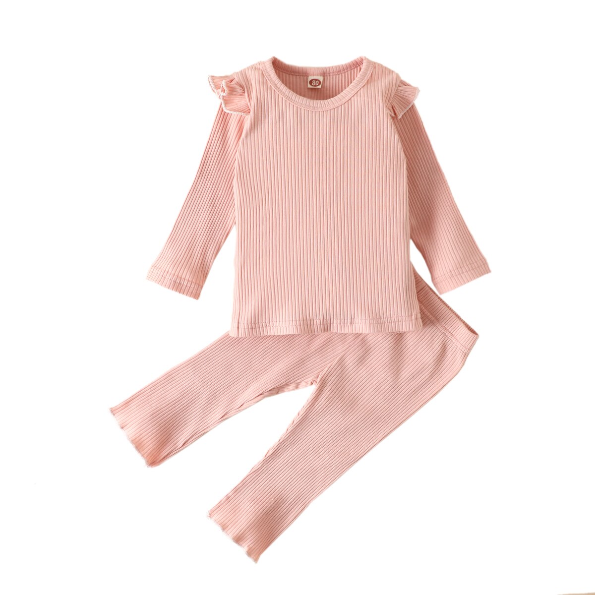 2Pcs Cotton Toddler Infant Girls Clothing Set Fall Ribbed Stripes Ruffle Long Sleeves Elastic Tops+Pants Kids Sleepwear: Pink / 24M