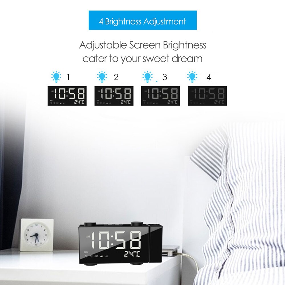 Digital Alarm Clock Dual Alarm Clock With Snooze Function LED Projector With FM Projection Radio USBb/Battery Powered