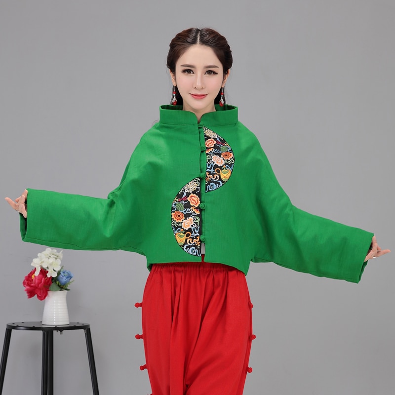 Ropa de estilo chino para mujeres, chaqueta Retro con bordado rojo, chaqueta femenina, blusa Ethinc, Tops chinos para mujeres FF2540