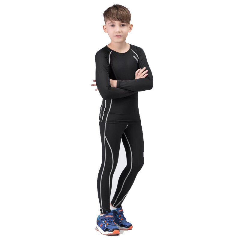 Jongens Running Pak Basketbal Compressie Leggings Fitness T-shirt Lange Mouwen Winter Outdoor Jogging Pak Trainingspak: Black / XXS