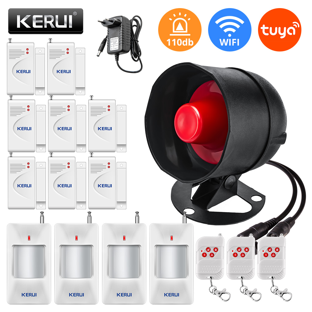KERUI Tuya Smart WIFI Security Alarm System Kit 110dB Wireless Loud Indoor/Outdoor Siren Horn Home Burglar Motion Door Sensor: Brown / Eu plug