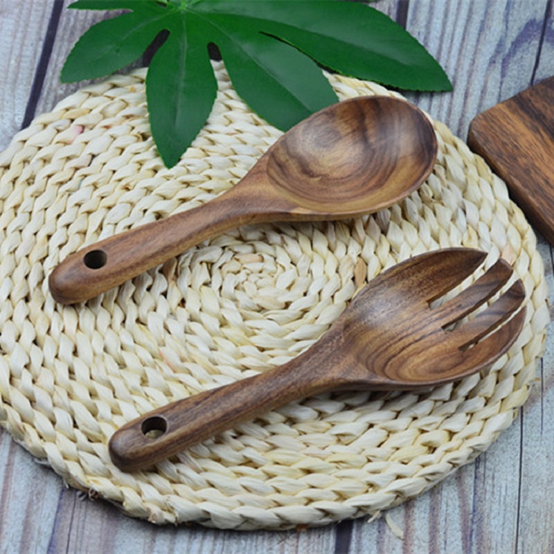 Nordic Wooden Salad Utensils 5 Sets (5 forks + 5 spoons) Acacia Salad Serving Spoons Fork Retro Eco-freindly Salad Servers Tools