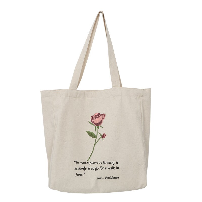 Vrouwen Canvas Schoudertas Jean-Paul Sartre Rose Borduren Boodschappentas Katoenen Doek Handtas Tote Boeken Tassen Voor College meisjes