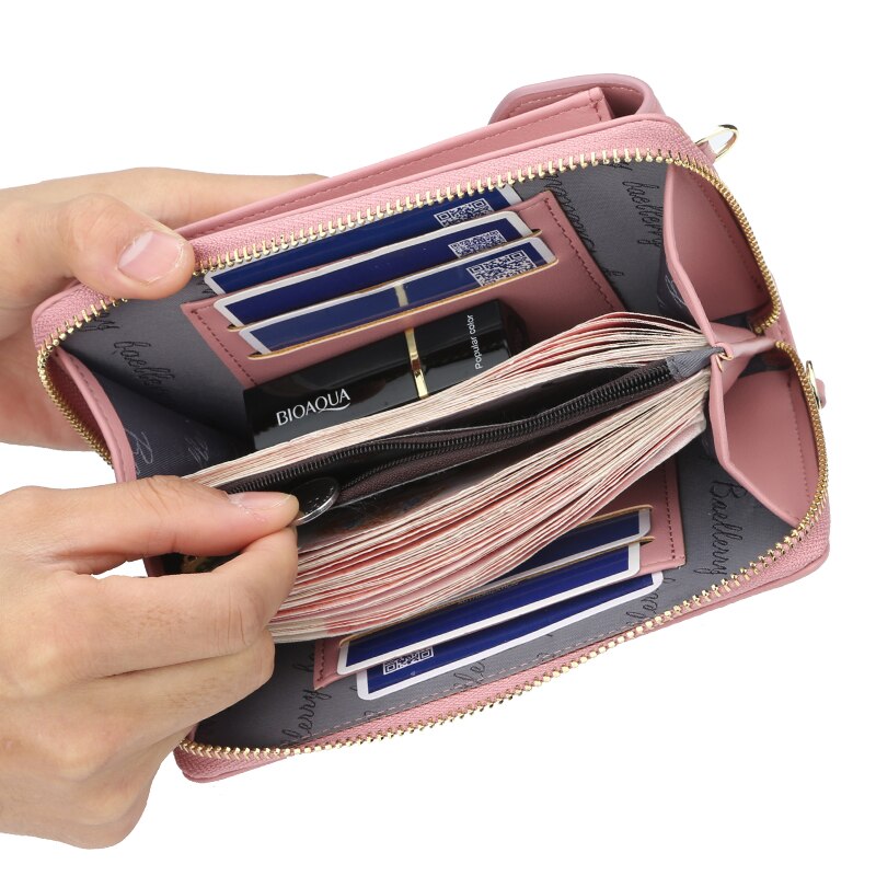 Carteira feminina para sempre baellery, carteira vertical para smartphone com zíper, bolsa de mão