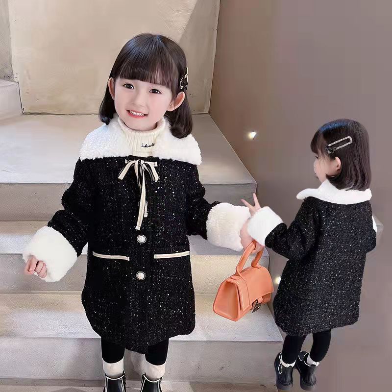 freundlicher Mädchen Winter Mantel Jacke Schwarz Pelz warm Verdicken Plus Samt Winter Herbst Tasten Lamm Wolle Der freundlicher Babys Kleidung