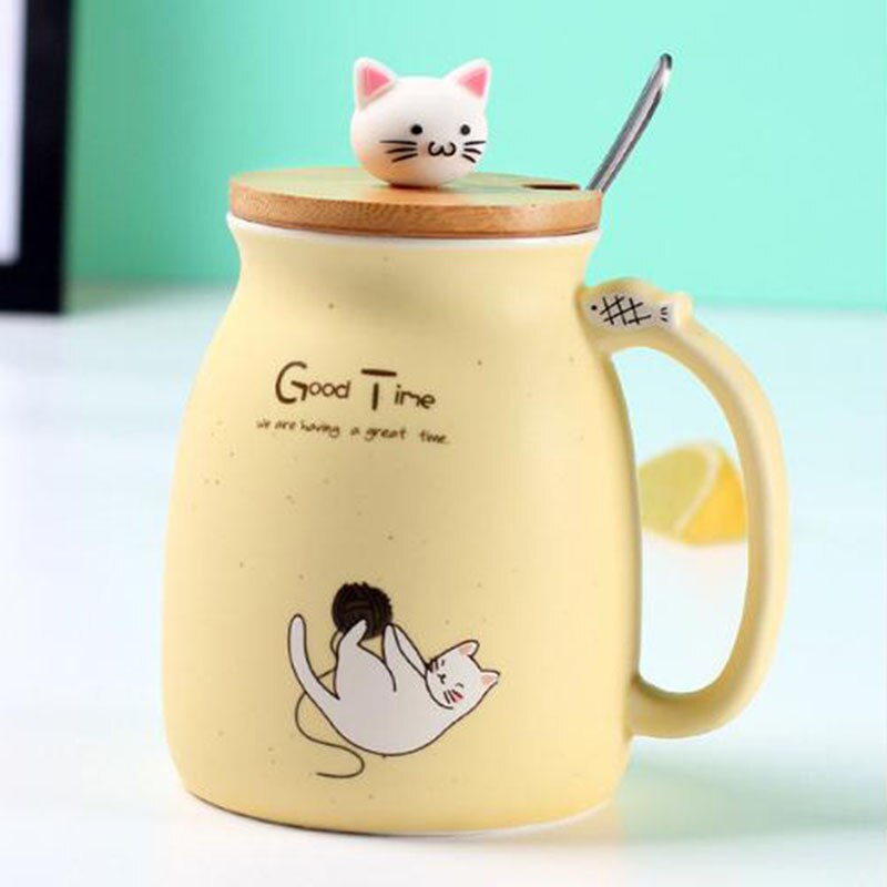 BAISPO-taza de gato con tapa, Taza de cerámica portátil, taza para café o leche, de oficina para niños, taza creativa con cuchara y tapa ecológica: yellow