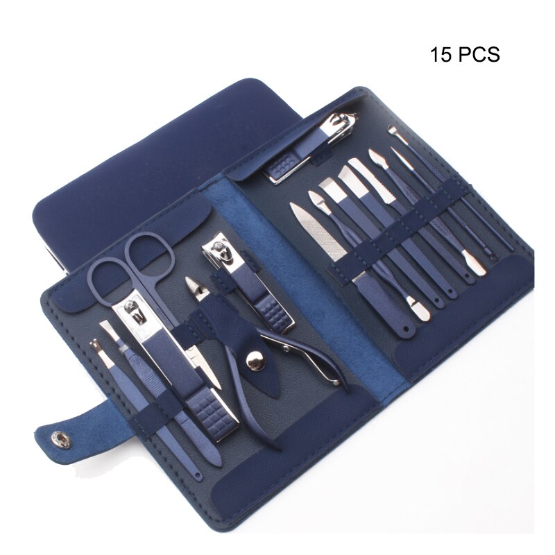 Juego de tijeras de pedicura, cortador de uñas de acero inoxidable, hebilla de cuero plegable, gancho de águila, juego de herramientas de cortaúñas, 7-15 piezas: 15PCS