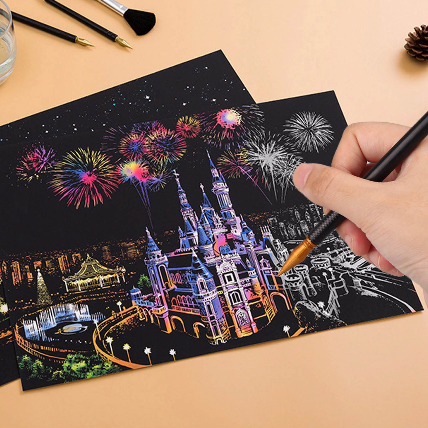 Behogar 8 Uds pintura dibujo Scratch herramientas para Artes Set con Stick bolígrafo para arañazos cepillo reparación fluido para niños cumpleaños de Navidad