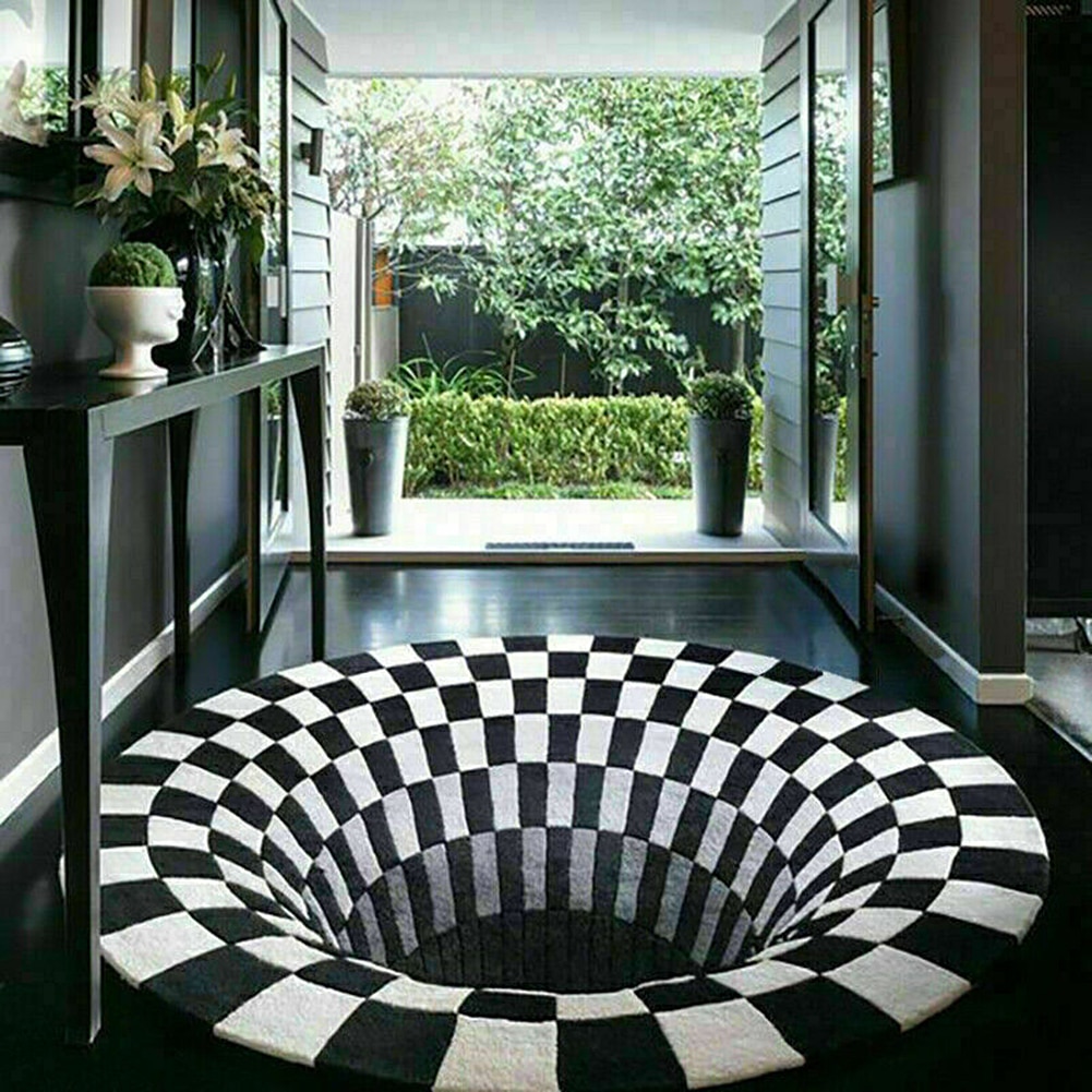 Home Decoratie Woonkamer Hal Tapijten Zwart Wit Grid Print 3D Illusion Vortex Bodemloze Gat Vloer Tapijt Antislip Mat