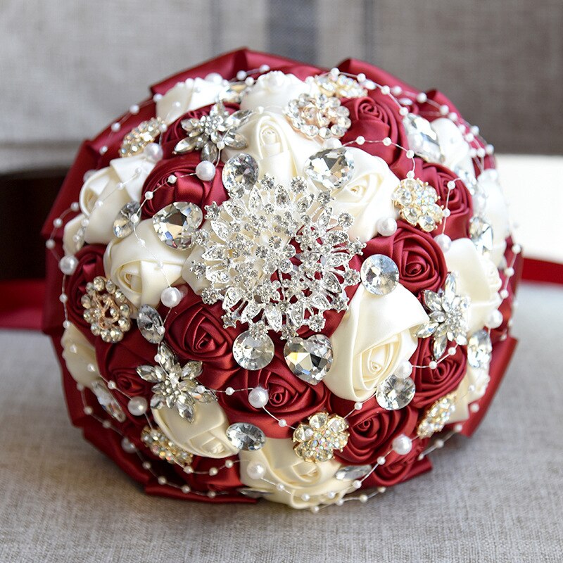 Wine and Champagne Rose Flowers Rhinestones Wedding Bouquet Handmade Flowers Bride Bouquet Accessories