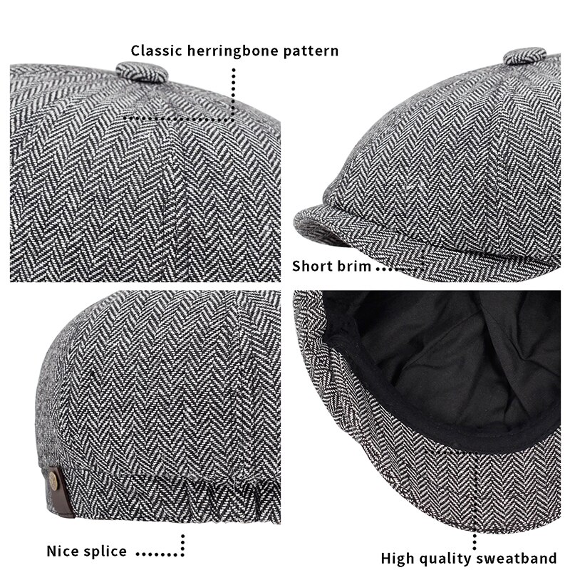 Tweed bomuld 8 styk sort sildeben newboy cap herre klassiske 8- quarter panel style flad caps dame baret hat