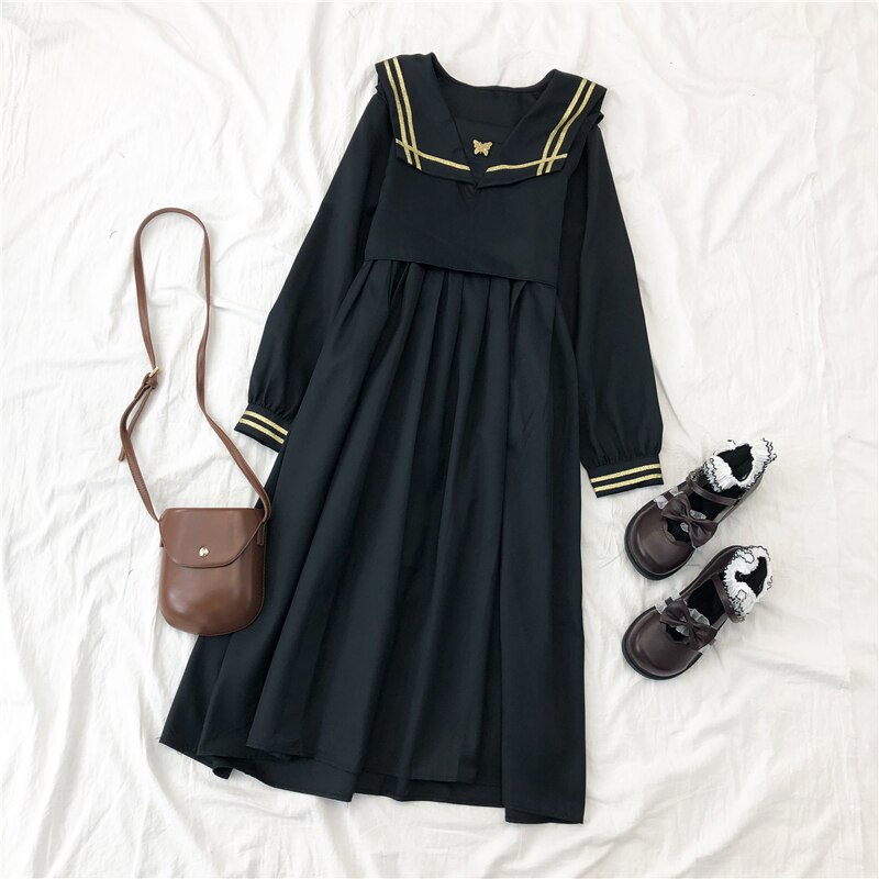 Japanese retro dark black navy collar college style long-sleeved dress female student JK sailor suit mid-length skirt