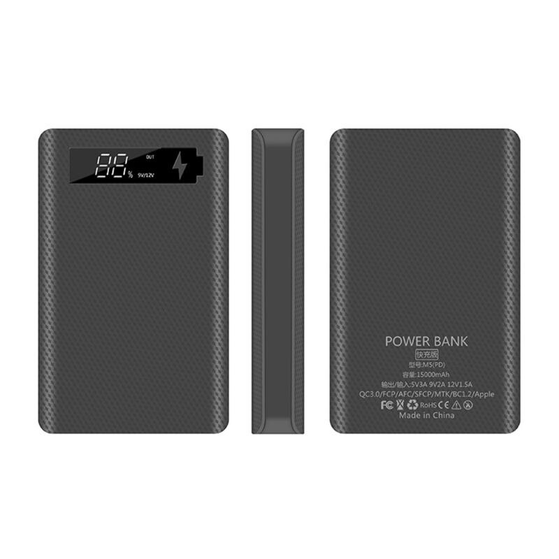 QC3.0 PD Display DIY 5x18650 Battery Case Power Bank Shell Portable External Box without Battery Powerbank Protector: Black