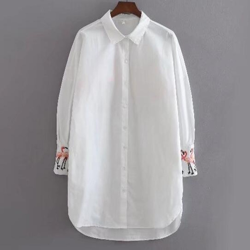 Chic flamenco pájaro bordado camisa blanca mujer solapa manga larga media blusa larga