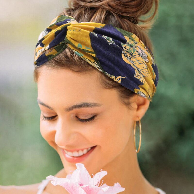 Women Flower Headband Floral Prints Elastic Turban Cross Knot Hair Band Wide Stretch Girls Sports Yoga Headband Hair Accessories