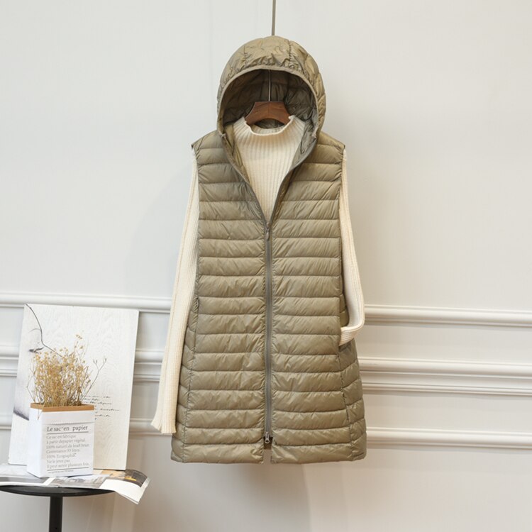 Newbang ultralett dunvest dame merke lang vest dame hette lett vest dame dunfrakk lang slank ermeløs: Khaki / L