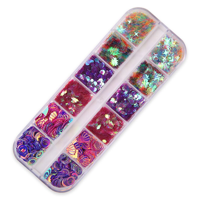 3D Vlokken Plakjes Zachte Aardewerk Nail Glitters Art Decorations Nail 12 Grid Box Nail Decoratie Gemengde Sequin Set Ster En maan: 02