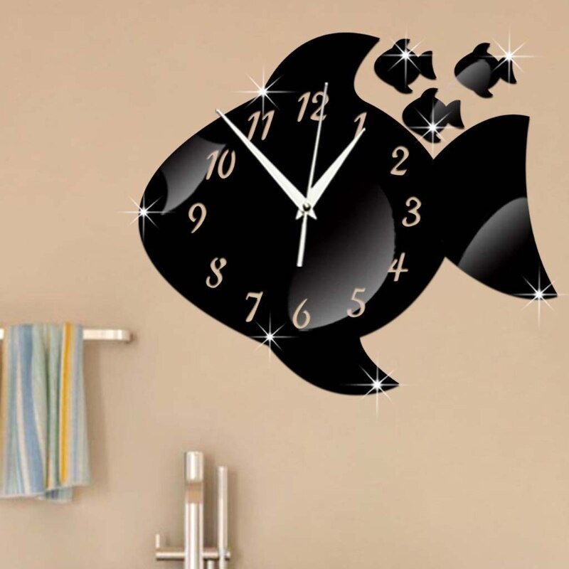 Bonita forma de pez, reloj de pared acrílico, pegatina de espejo, reloj DIY, calcomanía para niños, dormitorio, decoración del hogar