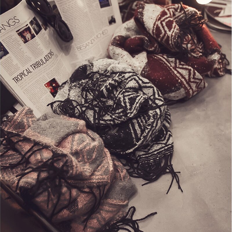 Dobbelt-brug tørklæde sjal retro etnisk stil geometrisk mønster rhombisk fryns kvast tørklæde