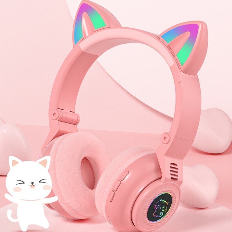 Bluetooth Headphones Cat Ear LED Light Up Wireless Foldable Headphones Over Ear Volume Control for Smartphones Laptop PC