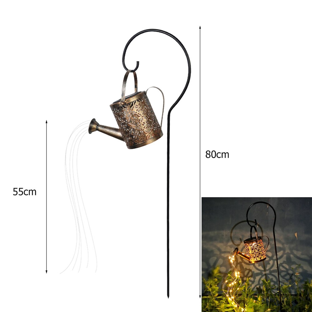 Solar Watering Can Waterfall Lights Garden Outdoor Art Lamps Hollow-out Iron Shower LED String Lights Decoracion Jardin Exterior: With Bracket(B)