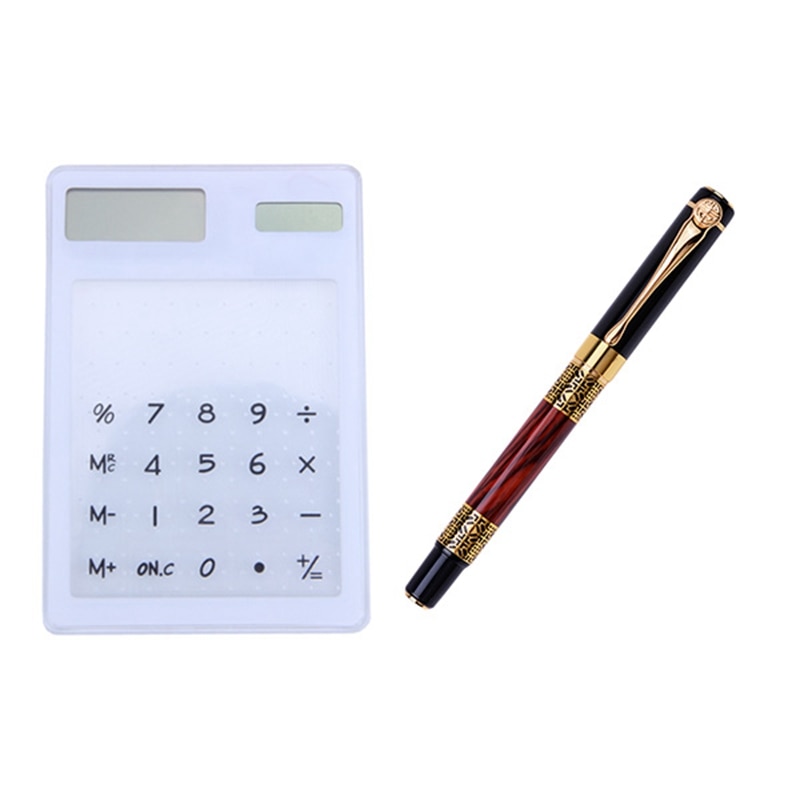 1 Pcs Transparent Calculator Clear Scientific Calculator & 1 Pcs Chinese Classical Fountain Pen Golden Signature Pen: Default Title