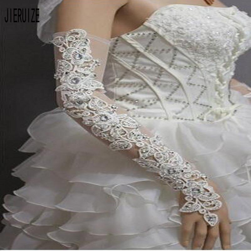 JIERUIZE Lange Sheer Bridal Handschoenen Bruiloft Handschoenen Kant Applicaties Crystal Bruiloft Accessoires voor Bruid
