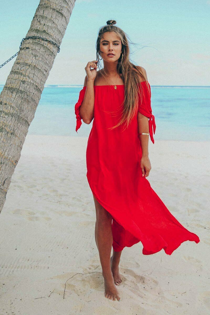Women cover up beach woman Maxi Summer Beachwear Long Dress Off Shoulder Beach Summer Cover-Ups robe de plage: Red / S