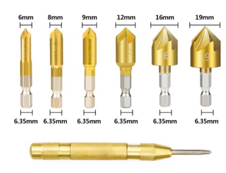 6 stücke Senker Bohrer einstellen 1/4&#39;&#39; verhexen Schaft HSS 5 Flöte Senker 90 Grad Holz Anfasen Cutter Fase 6mm-19mm: einstellen B