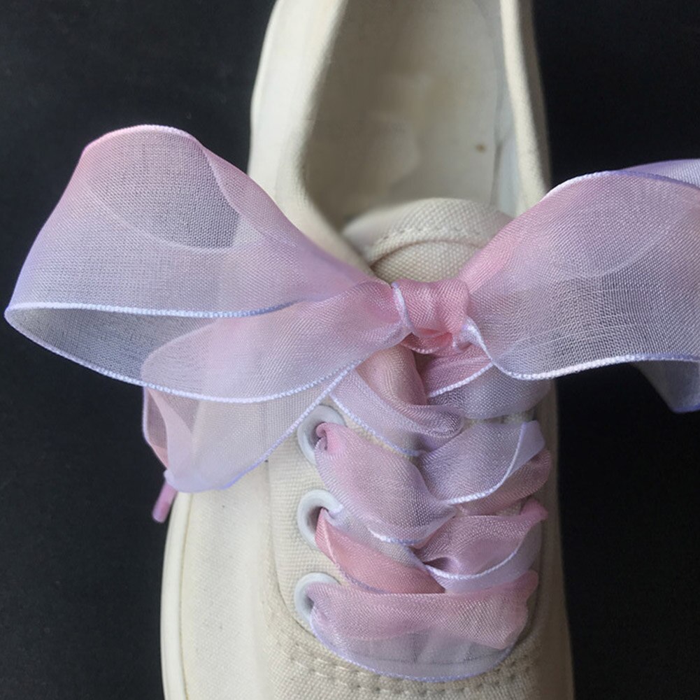 1 Paar 2.5Cm Breed Organza Lint Veters Sportschoenen Sneakers Strik Platte Schoenveters Gradiënt Kleur Doorschijnend
