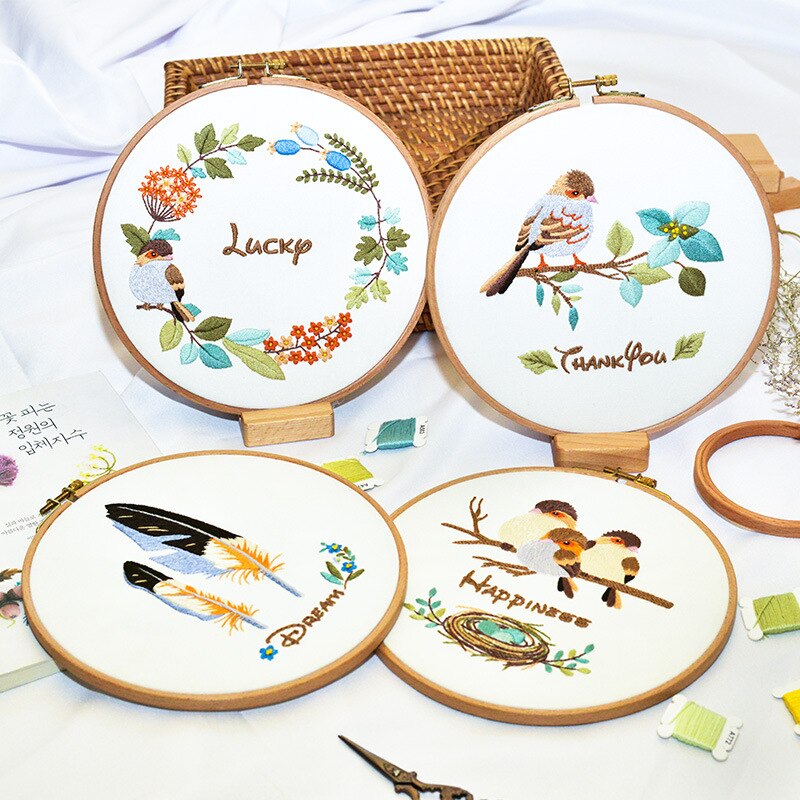 Livliga fåglar broderi kit gör-det-själv handarbete söta fåglar fjäder handarbete för nybörjare korsstygn konsthantverk (utan båge)