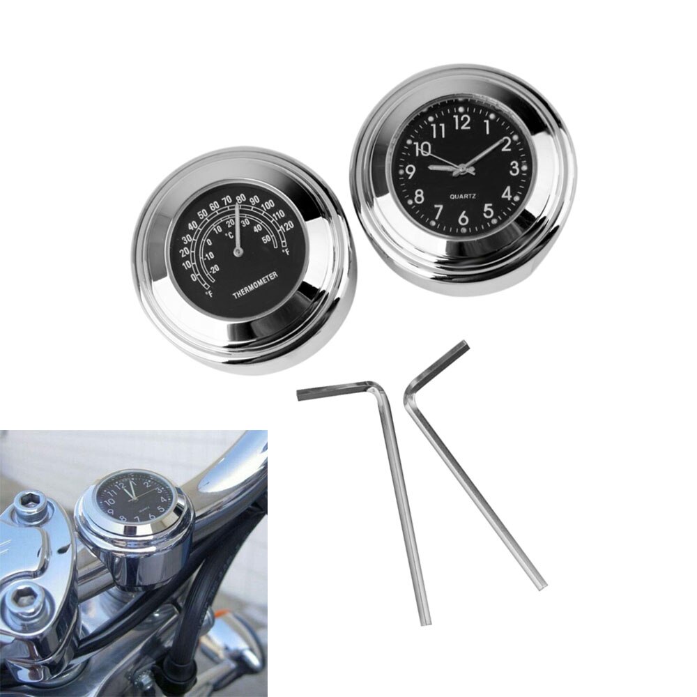7/8-Inch 1 Inch Motorcycle Stuur Chrome Zwarte Wijzerplaat Klok En Thermometer Set (Aluminium)