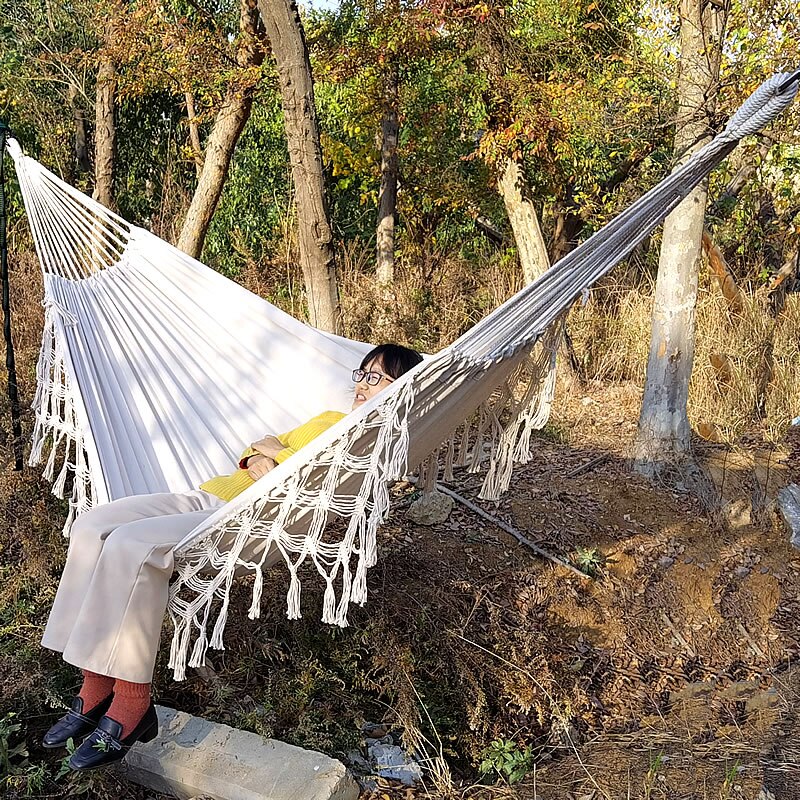 Canvas Hammock Swing Outdoor Camping Trip White Tassel Style Outdoor Furniture