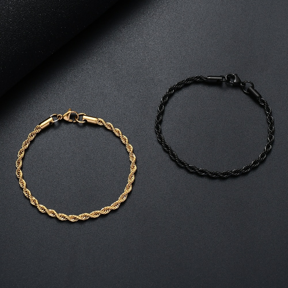 Preço de atacado 316l aço inoxidável banhado a ouro preto torcido corda corrente pulseira para homens e mulheres moda presente jóias