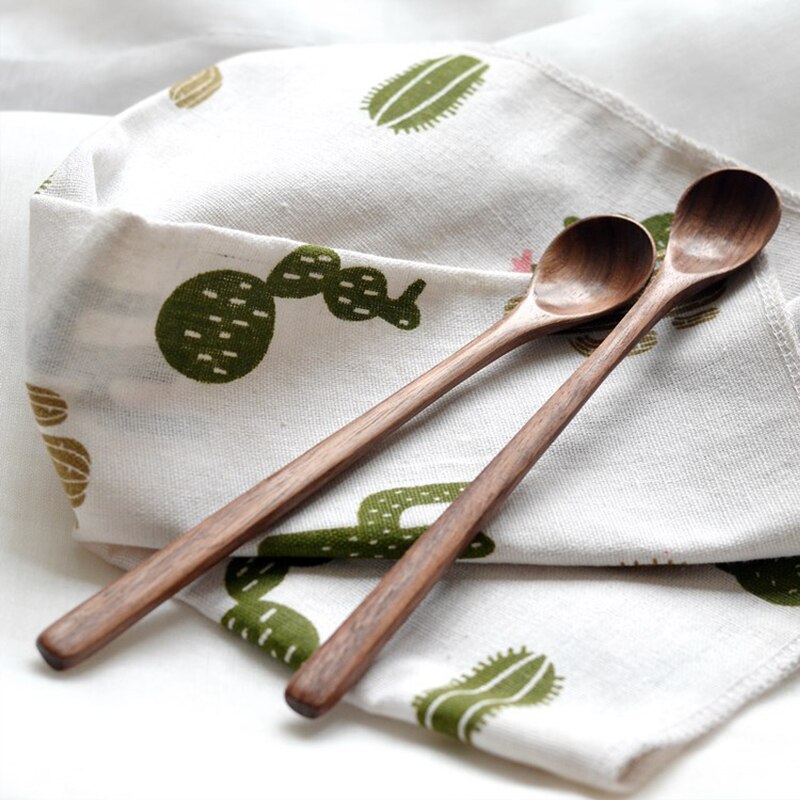 Japanse Zwarte Walnoot Lepel Lange Steel Houten Lepel Honing Roeren Lepel Dessertlepel