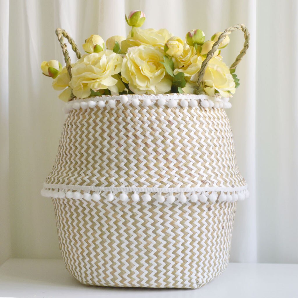 F# Handmade Bamboo Storage Baskets Seagrass Wicker Basket Garden Flower Pot Laundry Basket Container Holder With White Tassel