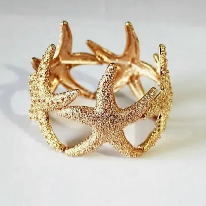 Pulsera y brazalete de estrella de mar elástico dorado, joyería de playa para mujer y niña