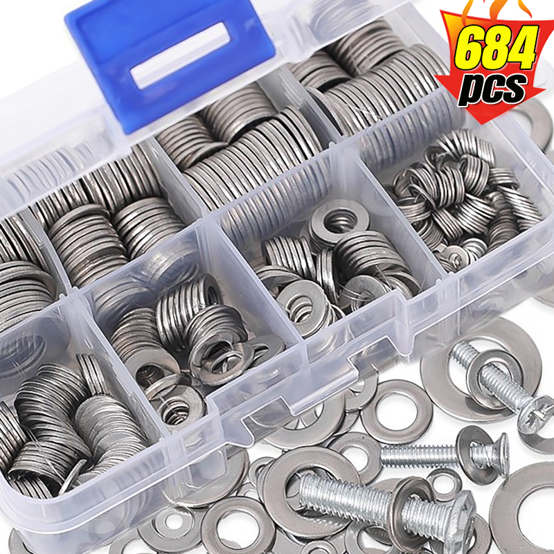 684/180PCS Stainless Steel Washer Set M2-M12 Metal O Rings Fasteners Gaskets For Screws Bolts Assortment Kits Hardware Washers