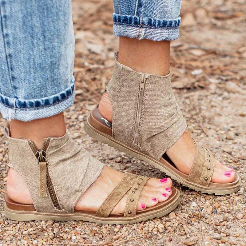 Ladies and Comfortable Casual Canvas Open Toe Double Zipper Flat Heel Everyday All-match Summer Sandals 1KB057: 36