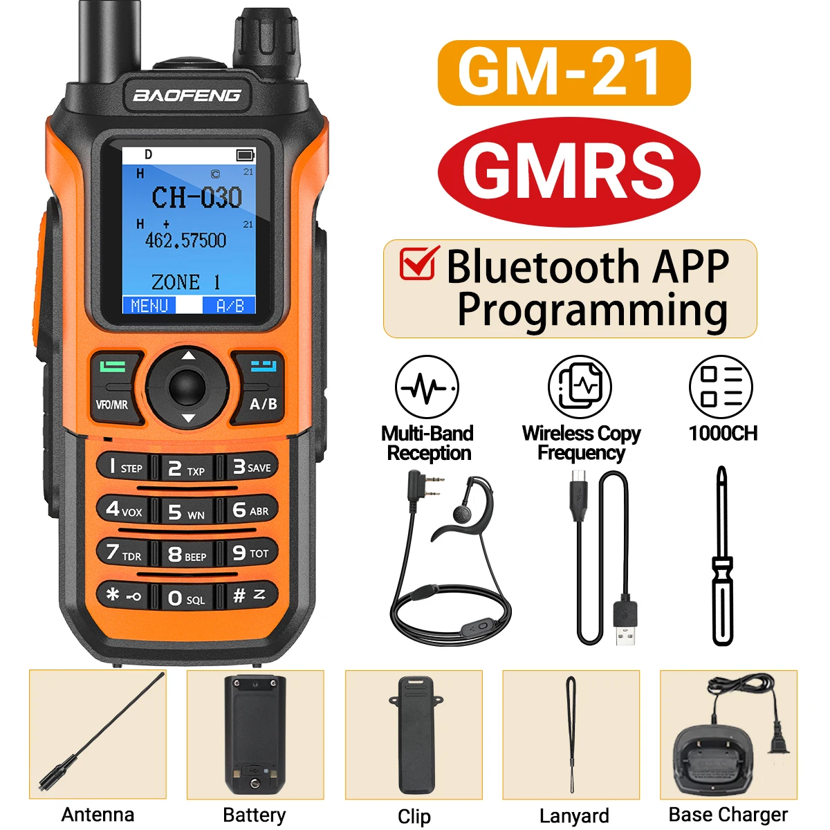 Baofeng GM-21 Walkie Talkie GMRS Transceiver Bluetooth Wireless Programing Multi-Band Receiving AM FM Type-c Charger Radio: Red / US