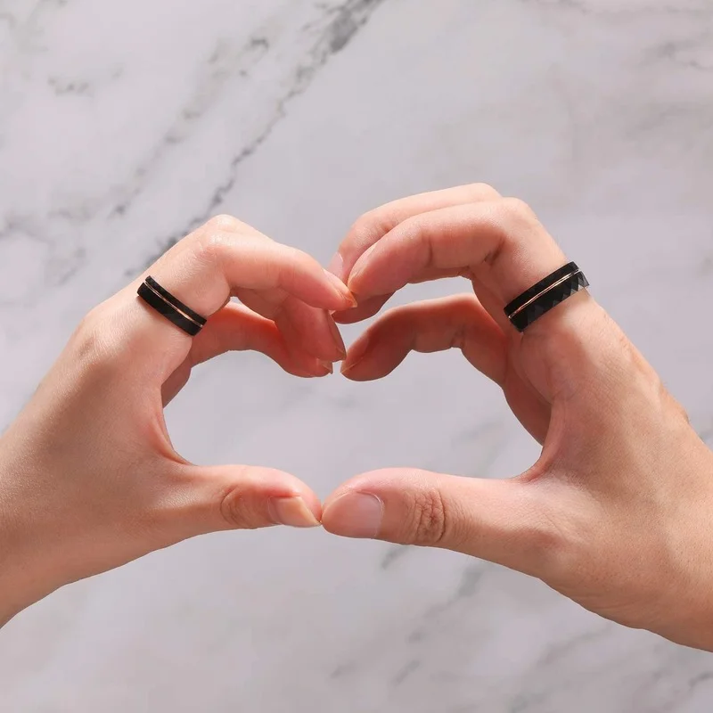 Tigrade 4Mm 6Mm 8Mm Zwart Wolfraam Ringen Voor Mannen Vrouwen Dunne Rose Goud Groef Gehamerd Trouwring Comfort Fit Maat 5-14