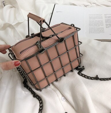 Moda designer bolsas femininas 2020 novo de alta qualidade couro do plutônio bolsa feminina cesta de ferro quadrado bolsa de ombro de corrente saco do mensageiro: Rosa