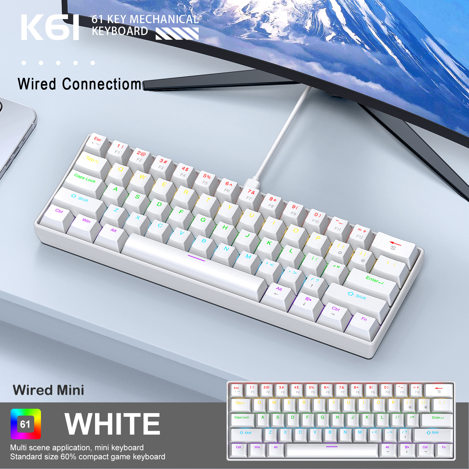 APAYADO K61 Teclado mecánico para juegos con cable al 60%, mini de 61 teclas, retroiluminado RGB, interruptor rojo/azul, portátil para PC y portátil